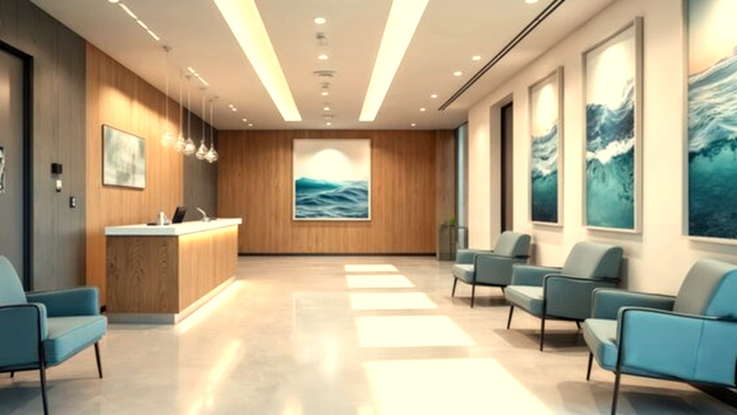 The reception area of an office at the start of the day, empty, light across the floor.